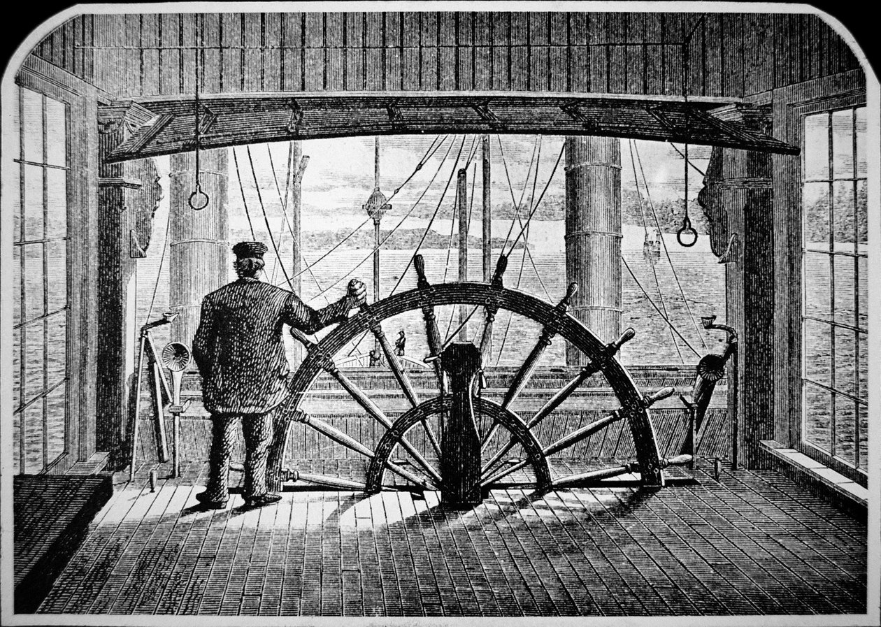 Piloto de barco de vapor en la cabina, c.1870 de American School