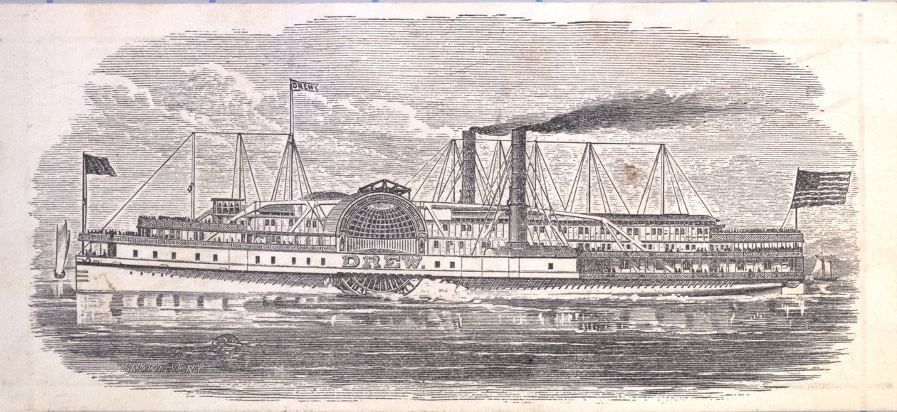 Barco de vapor Drew, boleto para la línea nocturna de Peoples, de Albany a Nueva York, reverso de American School