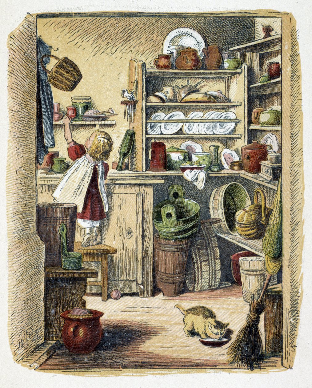 Almacenamiento en la cocina en "Schnik, schnak, bagatelas para los pequeños", juegos infantiles. ed. Londres- Georges Ronthedge y hijos. Nueva York, The broad way Ludgate s.f. c. 1890 de American School