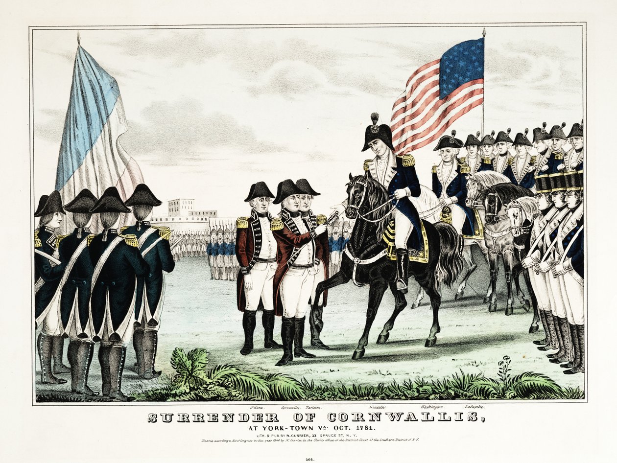 Rendición de Cornwallis en York Town, VA, octubre de 1781, pub. Currier  Ives de American School