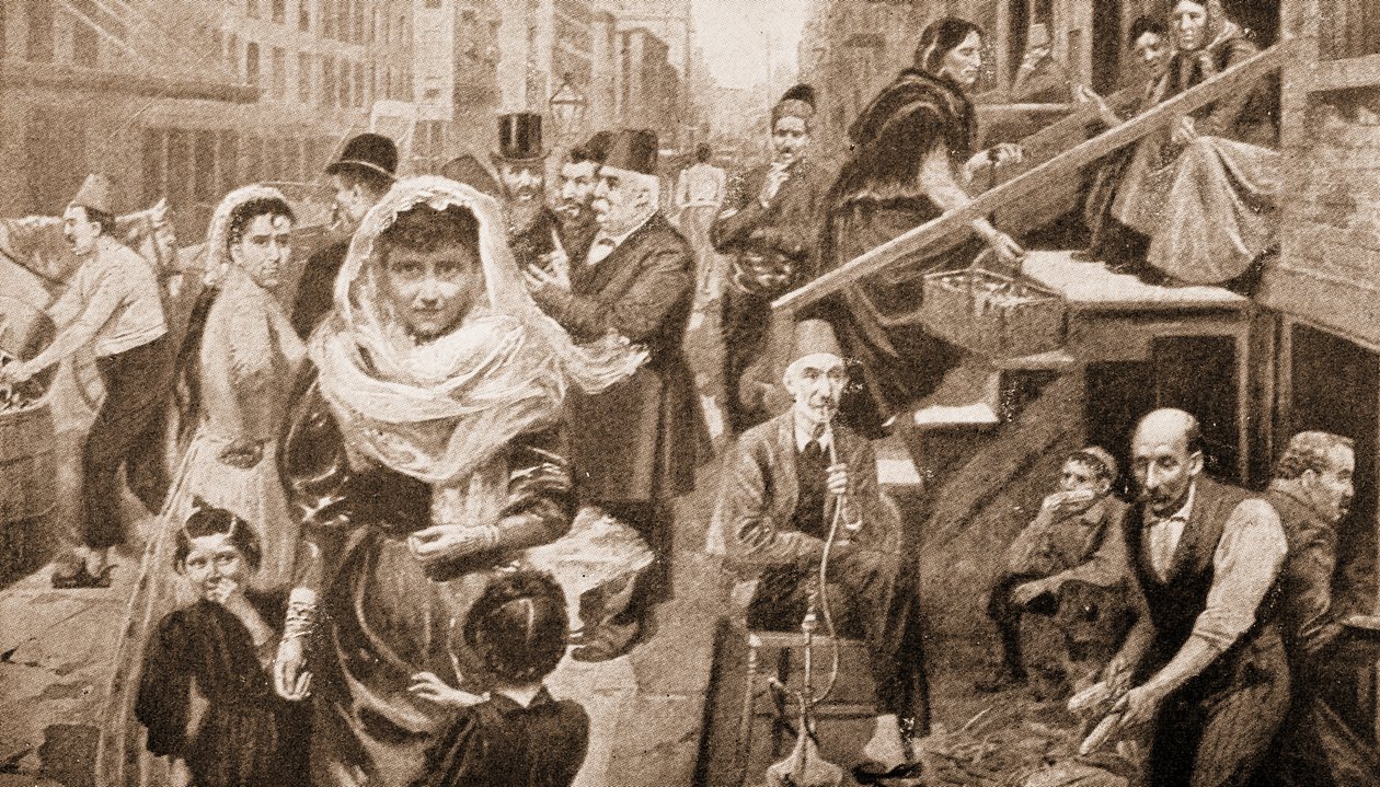 Comunidad siria en Lower Washington Street, Nueva York (grabado) de American School