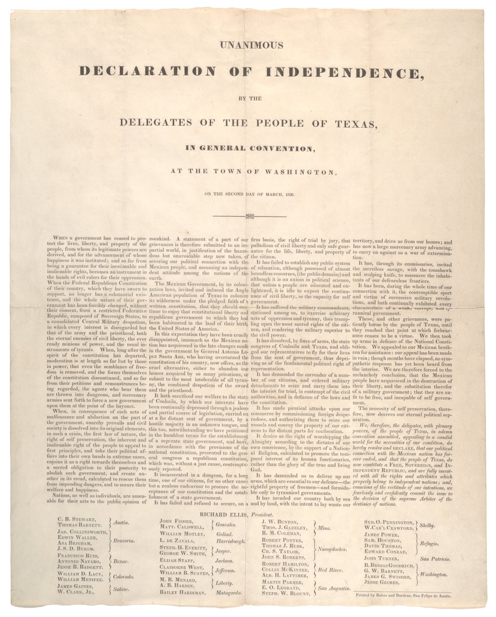Declaración de Independencia de Texas: Declaración unánime de independencia, impresa por Baker y Bordens, 2 de marzo de 1836 de American School