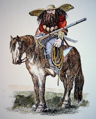 Caricatura de Texas Ranger, que representa la vista urbana oriental del Ranger salvaje y peludo de American School