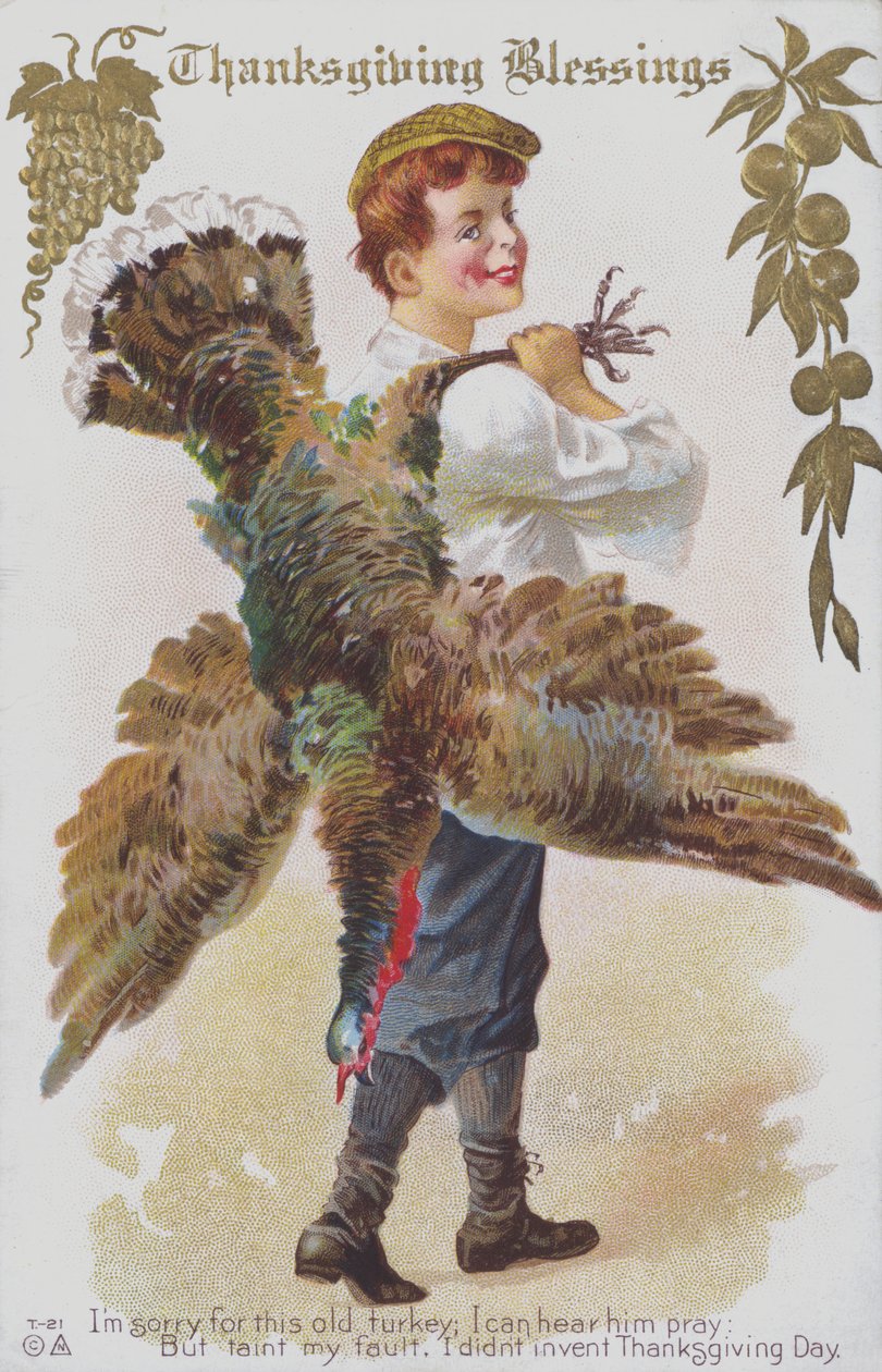 Tarjeta de felicitación de Acción de Gracias que representa a un hombre con un pavo. (cromolito) de American School