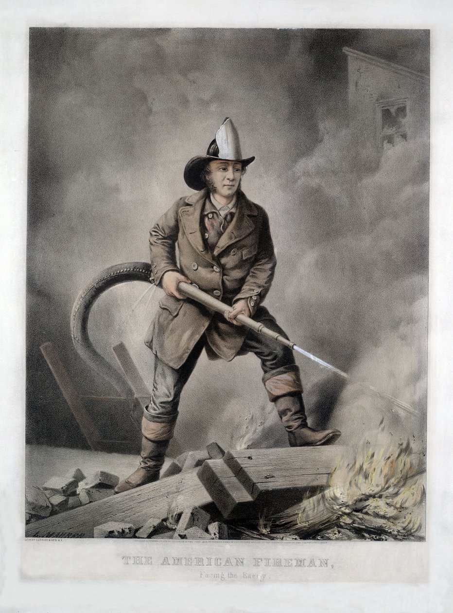 El Bombero Americano, Enfrentando al Enemigo, pub. 1858 (litografía coloreada a mano) de American School