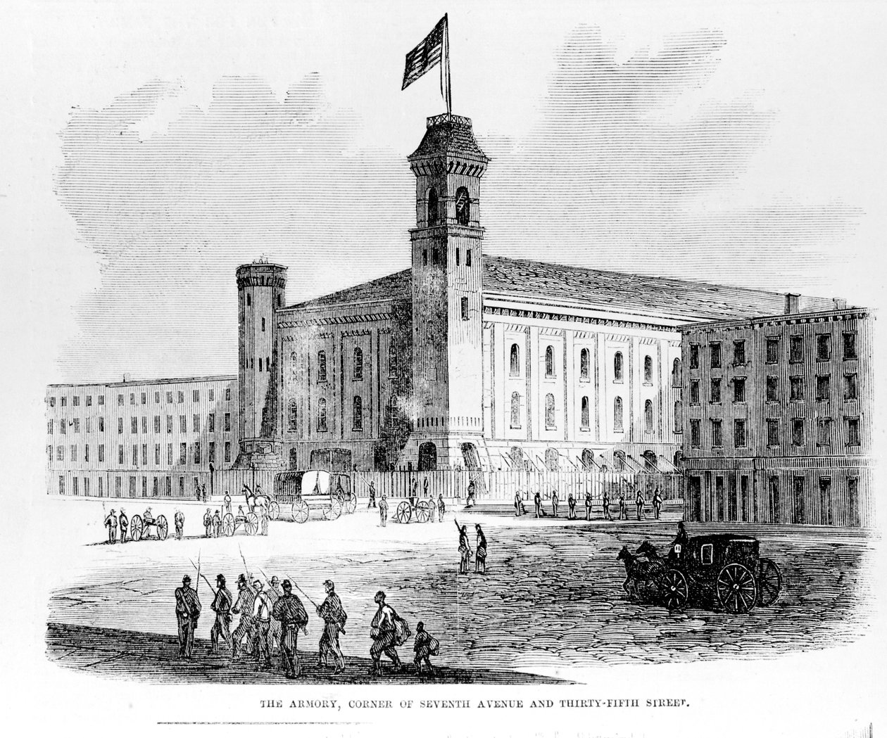 La armería, esquina de la Séptima Avenida y la Calle Treinta y Cinco, escena de los disturbios por el reclutamiento en Nueva York, 1863 de American School