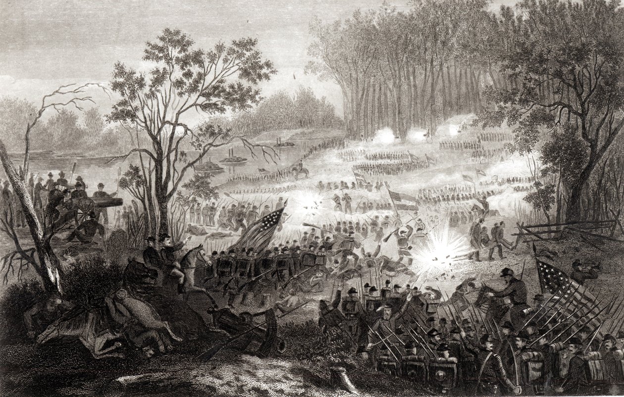 La batalla en Pittsburg Landing, grabado por H. B. Hall, 1862 de American School