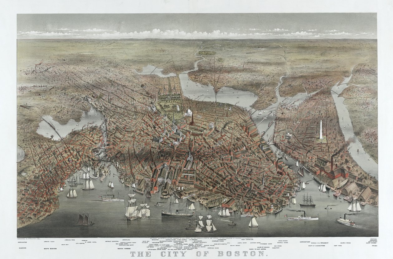 La ciudad de Boston, pub. 1873 (litografía en color) de American School