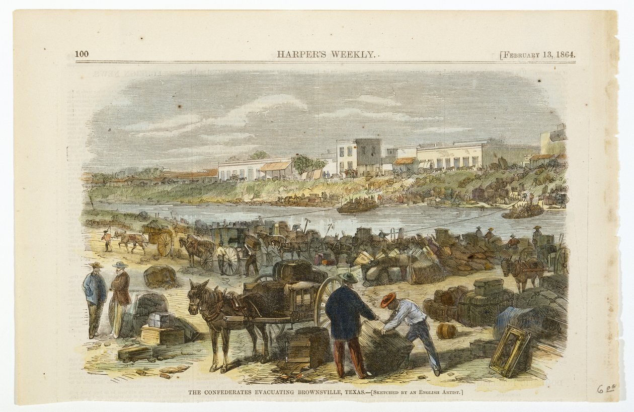 Los confederados evacuando Brownsville, Texas, c. 1864 de American School
