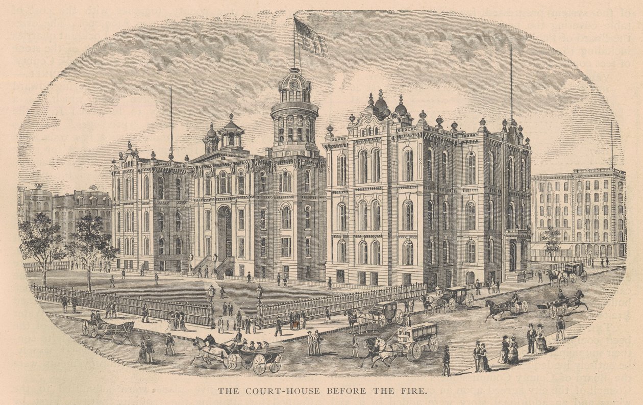 El Palacio de Justicia antes del Incendio, impreso por Moss Engraving Co., Nueva York, ilustración de la Historia de Chicago vol. 2 por Alfred Theodore Andreas, publicado en 1885 de American School