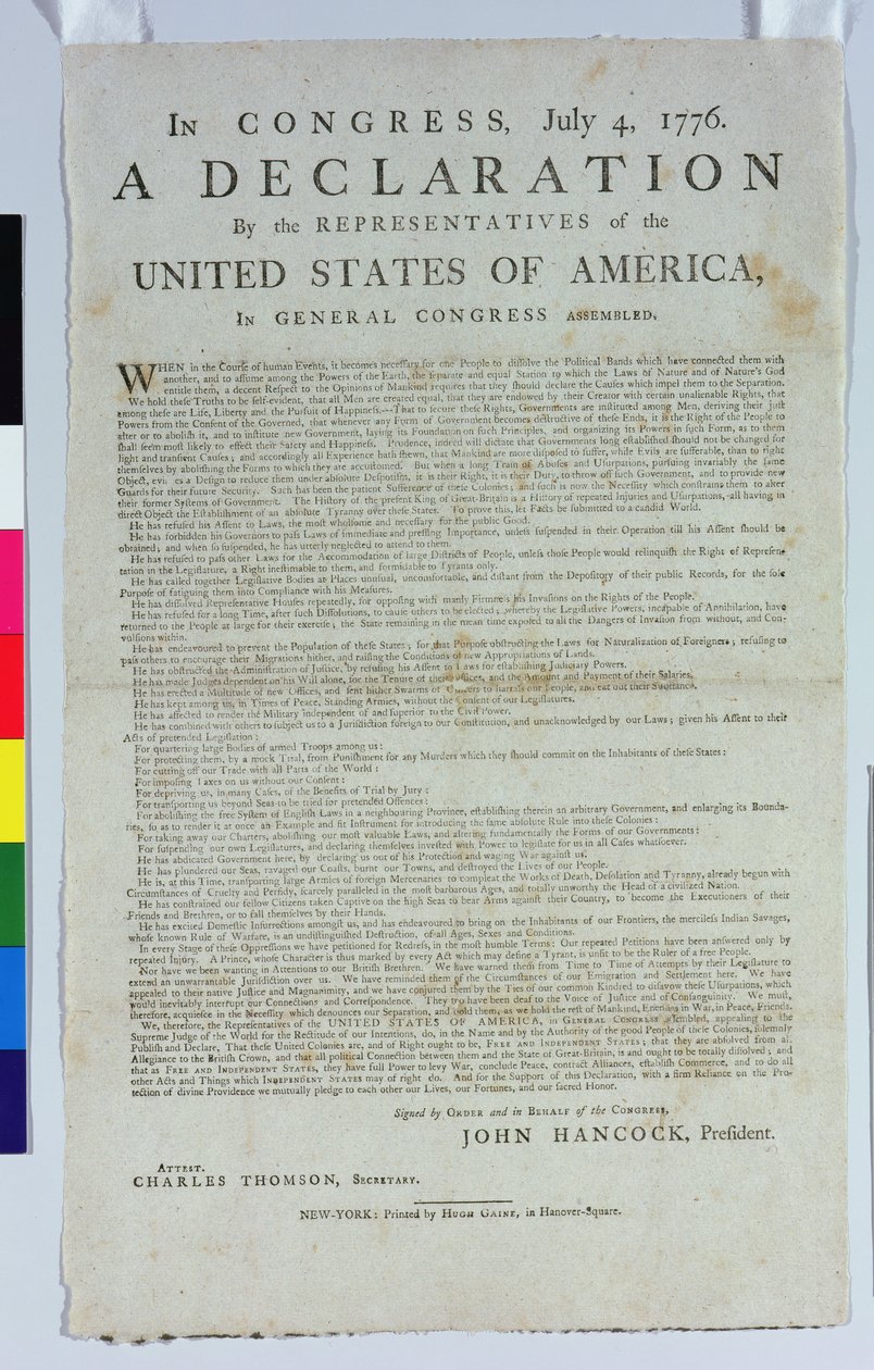 La Declaración de Independencia, impresa por Hugh Gaine, 1776 de American School