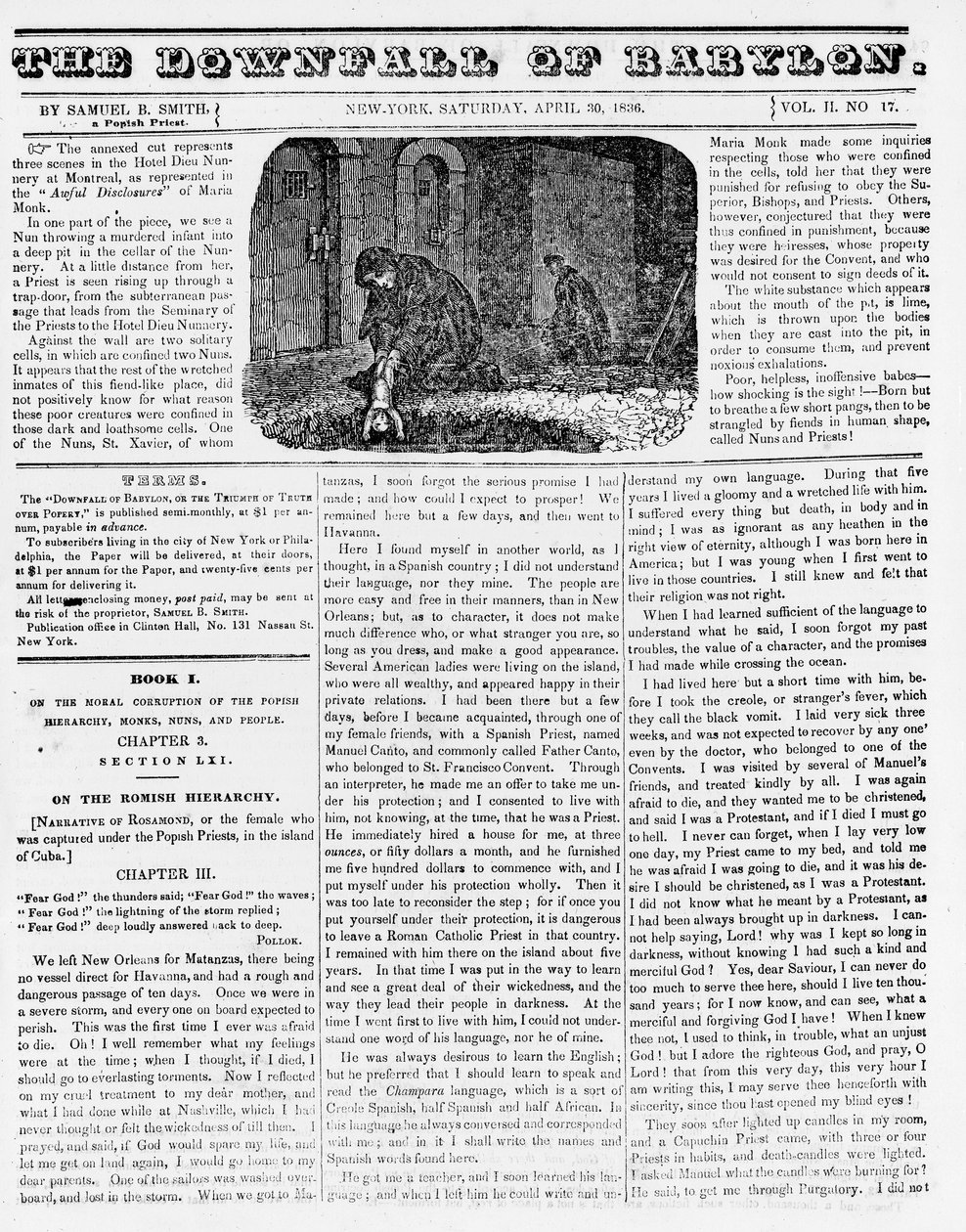 La Caída de Babilonia, ilustración de un folleto Anti-Católico que muestra a una monja arrojando a un infante asesinado a un pozo, 1836 de American School