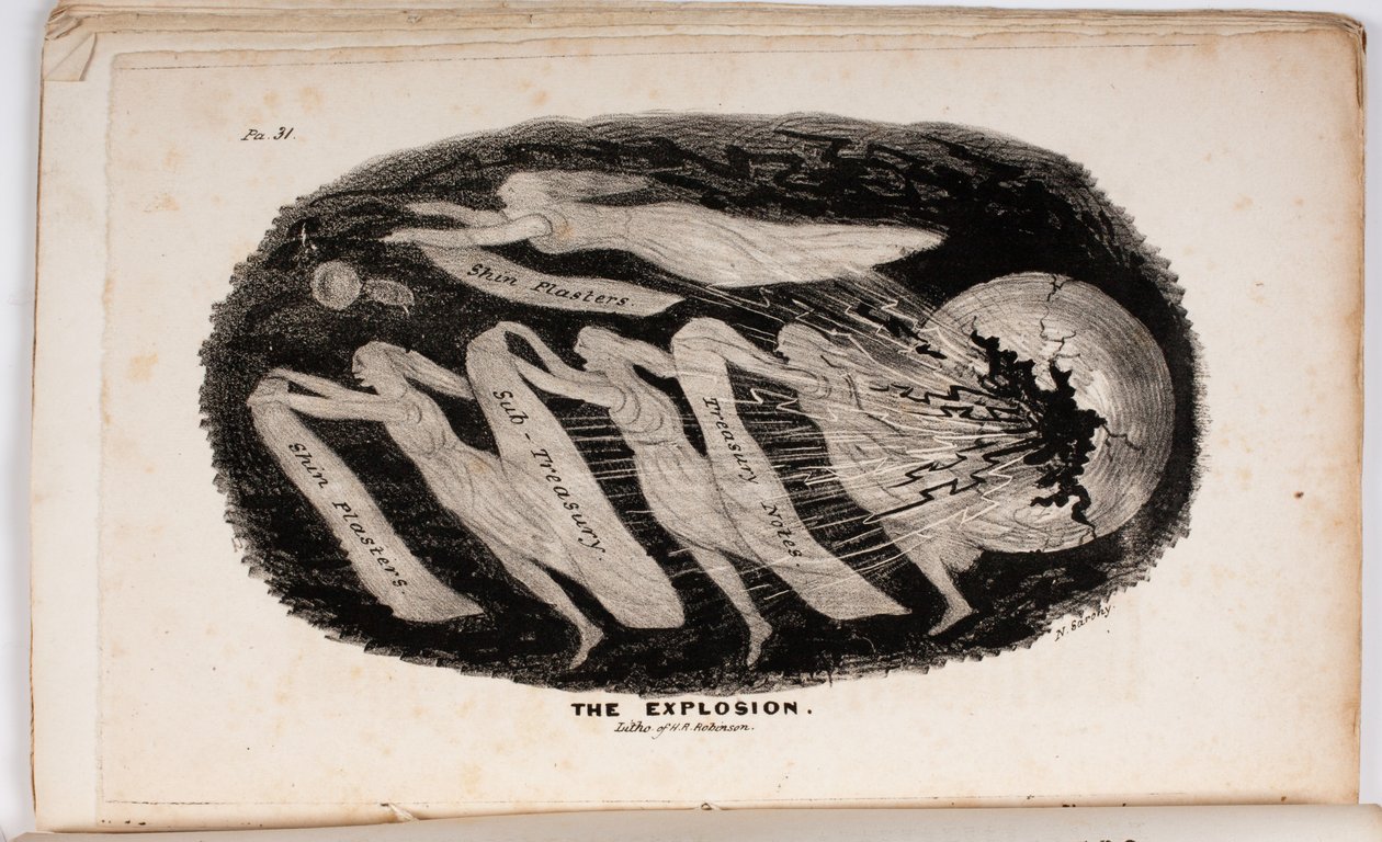 La Explosión, ilustración de La Visión del Juicio, o Un Regalo para los Whigs del 76 y 37 por Junius Jr., 1938 de American School