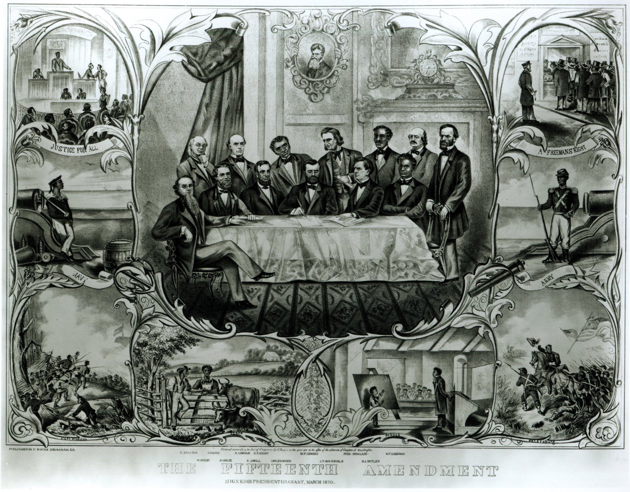 La Decimoquinta Enmienda, firmada por el presidente Ulysses S. Grant (1822-85) marzo de 1870 de American School