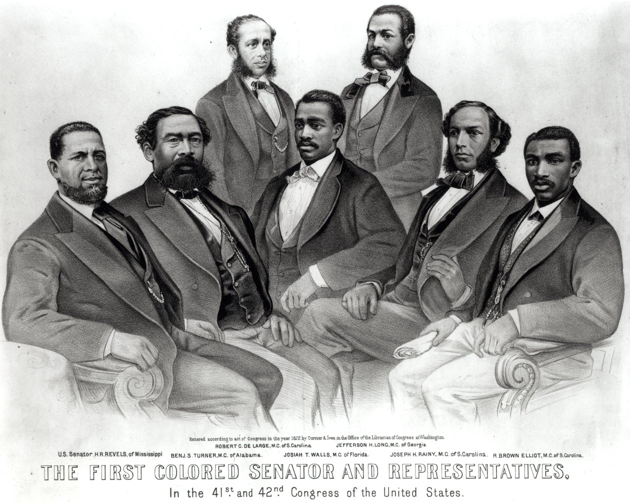El primer senador y representantes de color, en el 41º y 42º Congreso de los Estados Unidos, publicado por Currier y Ives, 1872 de American School