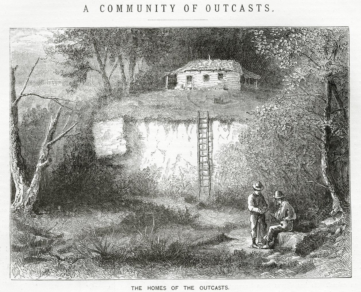 Los Hogares de los Marginados, ilustración para una historia destacada, Una Comunidad de Marginados, de Appletons Journal, 23 de marzo de 1872 de American School