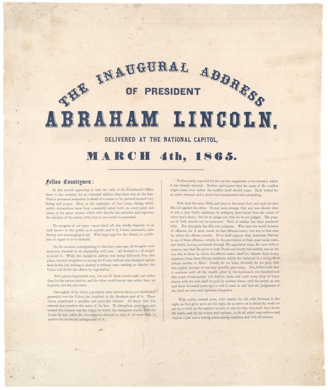 Discurso inaugural del presidente Abraham Lincoln pronunciado en el Capitolio Nacional, 4 de marzo de 1865 de American School