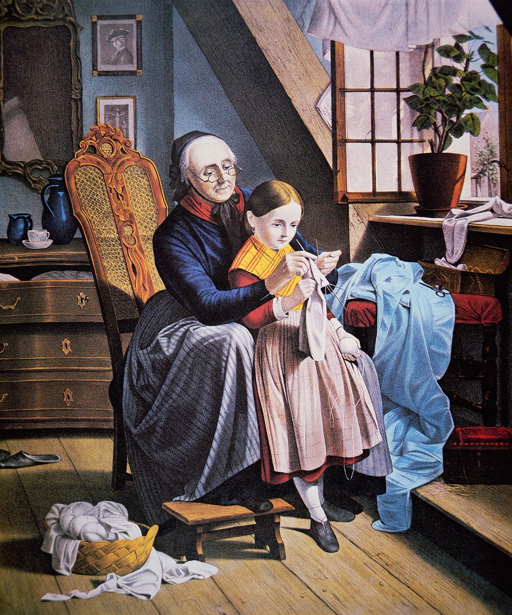 La lección de tejido, publicado por Currier & Ives de American School