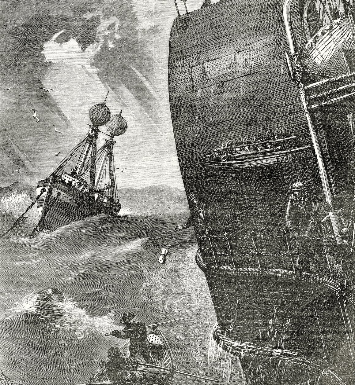 El Barco Faro y el Vapor Entrante, ilustración del frontispicio de Appletons Journal, 4 de mayo de 1872 de American School