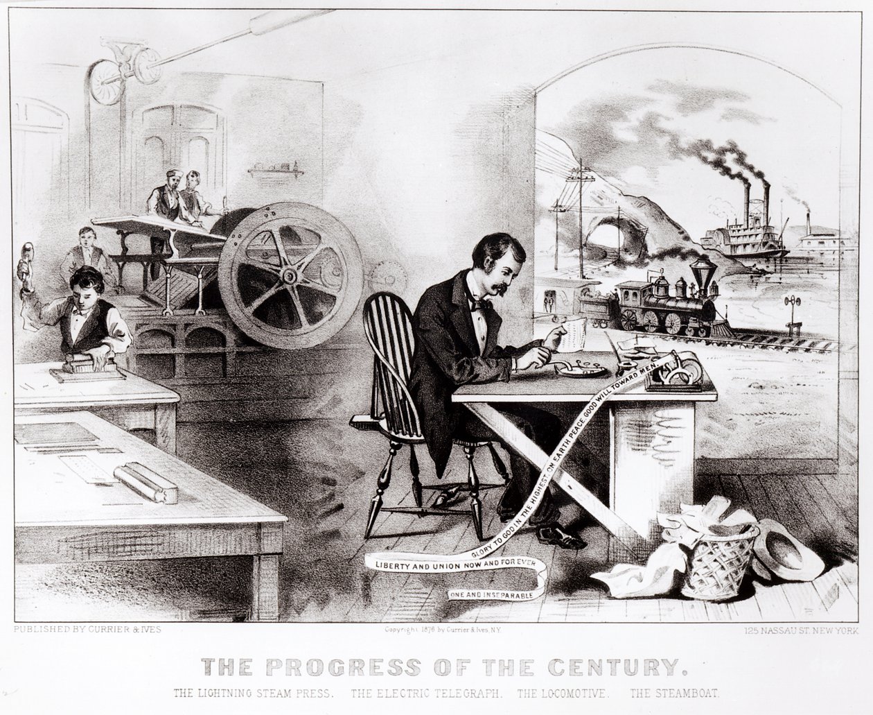 El Progreso del Siglo: La Prensa de Vapor Relámpago, el Telégrafo Eléctrico, la Locomotora y el Barco de Vapor, pub. por Currier & Ives, 1876 de American School