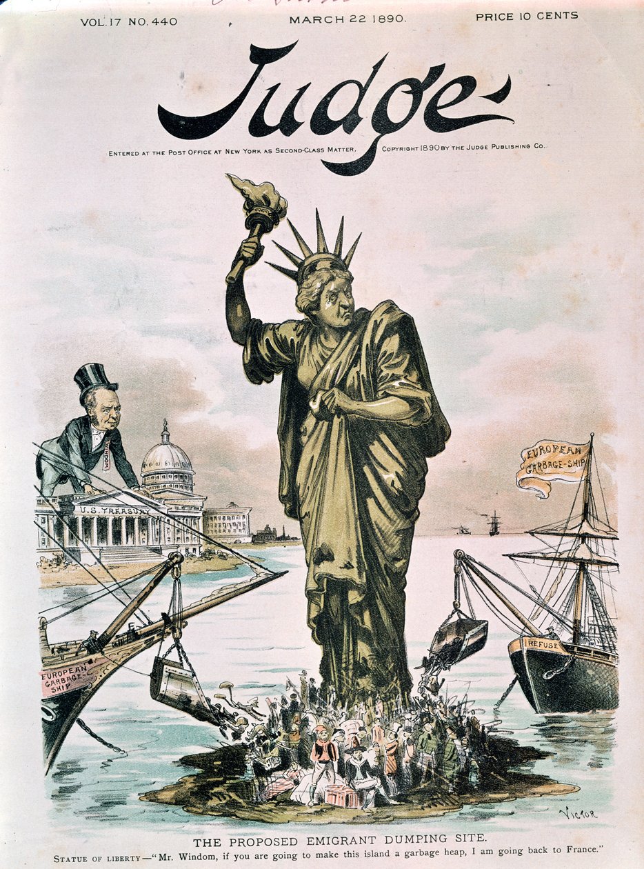 El sitio propuesto para el vertedero de emigrantes, portada de Judge, 22 de marzo de 1890 de American School
