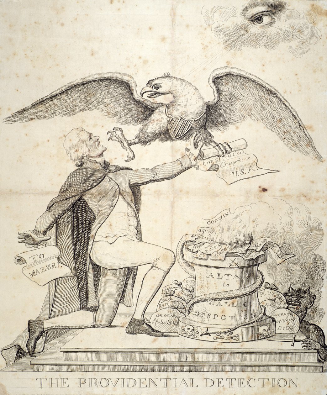 La Detección Providencial, caricatura que muestra a Thomas Jefferson (1743-1826) tratando de destruir la Constitución de American School