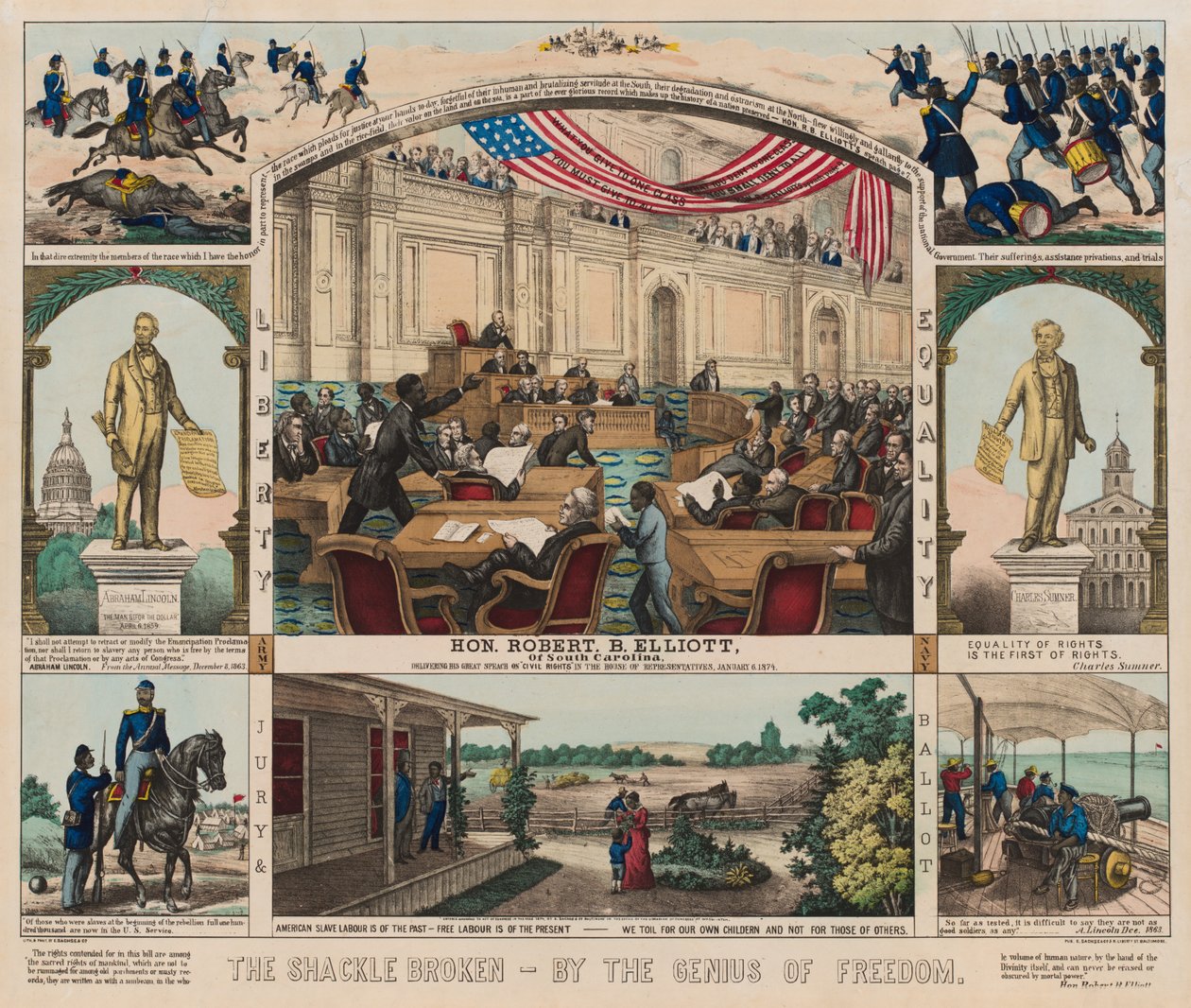 El grillete roto - Por el genio de la libertad, c.1860-1879 (litografía en color) de American School