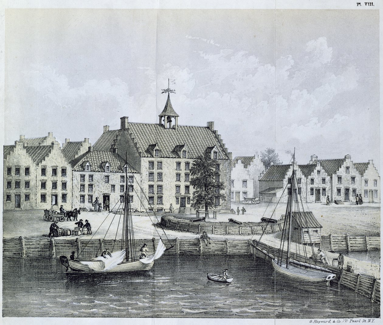 El Stadthuys de Nueva York en 1679, esquina de Pearl Street y Coentijs Slip, del Diario de un viaje a Nueva York en 1679-80 por Jasper Danckaerts (n.1639) y Peter Sluyter (1645-1722), publicado en 1867 de American School