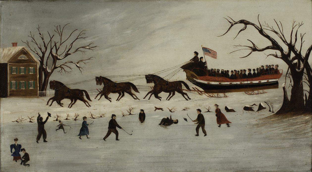 Las sufragistas en un paseo en trineo, 1870-90 de American School
