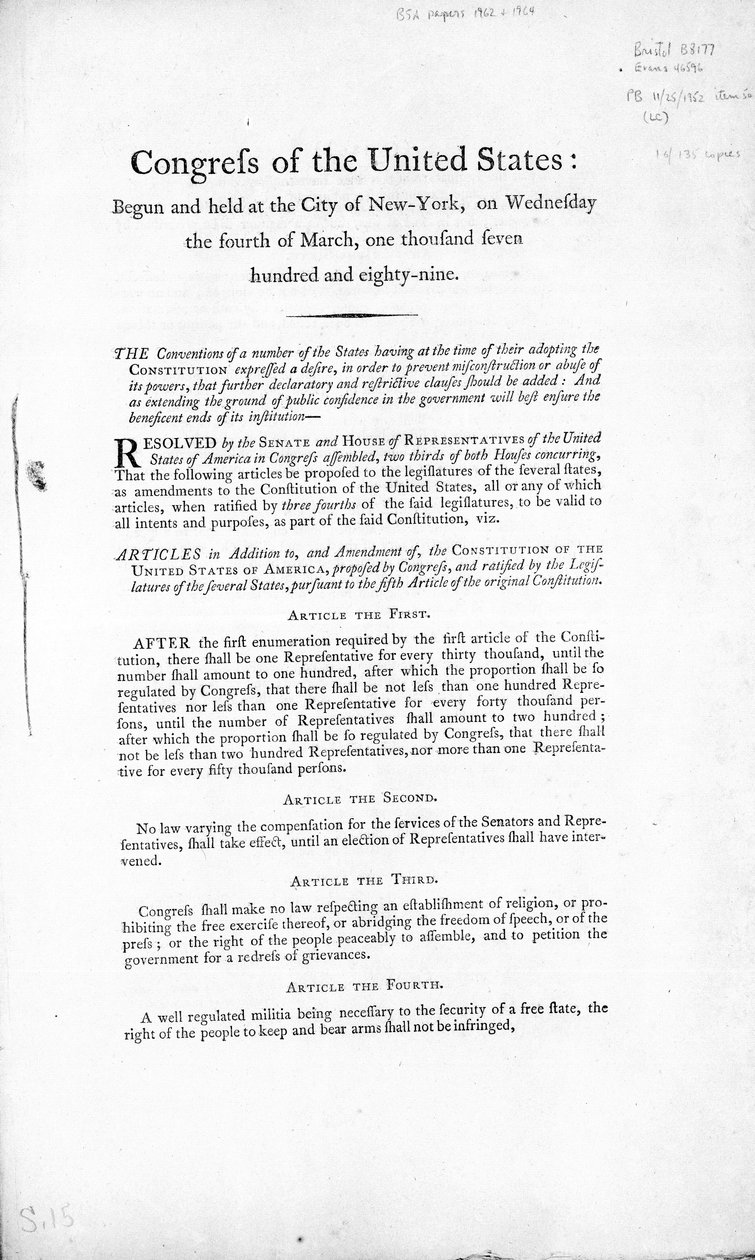 La Carta de Derechos de los Estados Unidos, completada en 1789 de American School