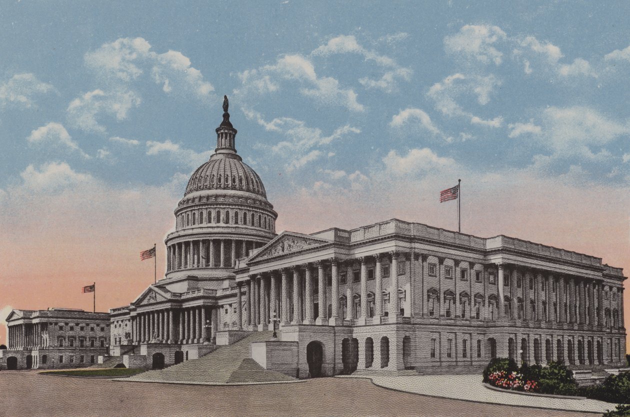 El Capitolio de los Estados Unidos, Washington DC (litografía en color) de American School