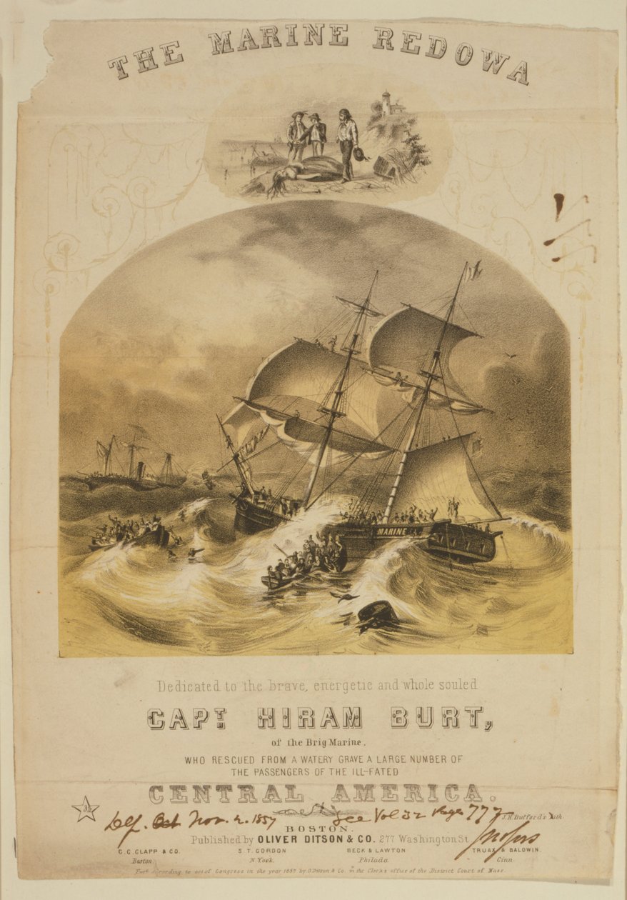 El bergantín Marine rescatando pasajeros en botes salvavidas del vapor SS Central America después de ser atrapado en un huracán frente a las Carolinas en septiembre de 1857. Más de 550 se ahogaron y se perdieron 30,000 libras (14,000 kg) de oro californian de American School