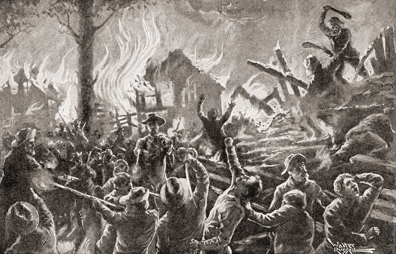 La guerra civil en Kansas, también conocida como "Bleeding Kansas", "Bloody Kansas" o "The Border War", de "The History of Our Country", publicado en 1905 (litografía). de American School