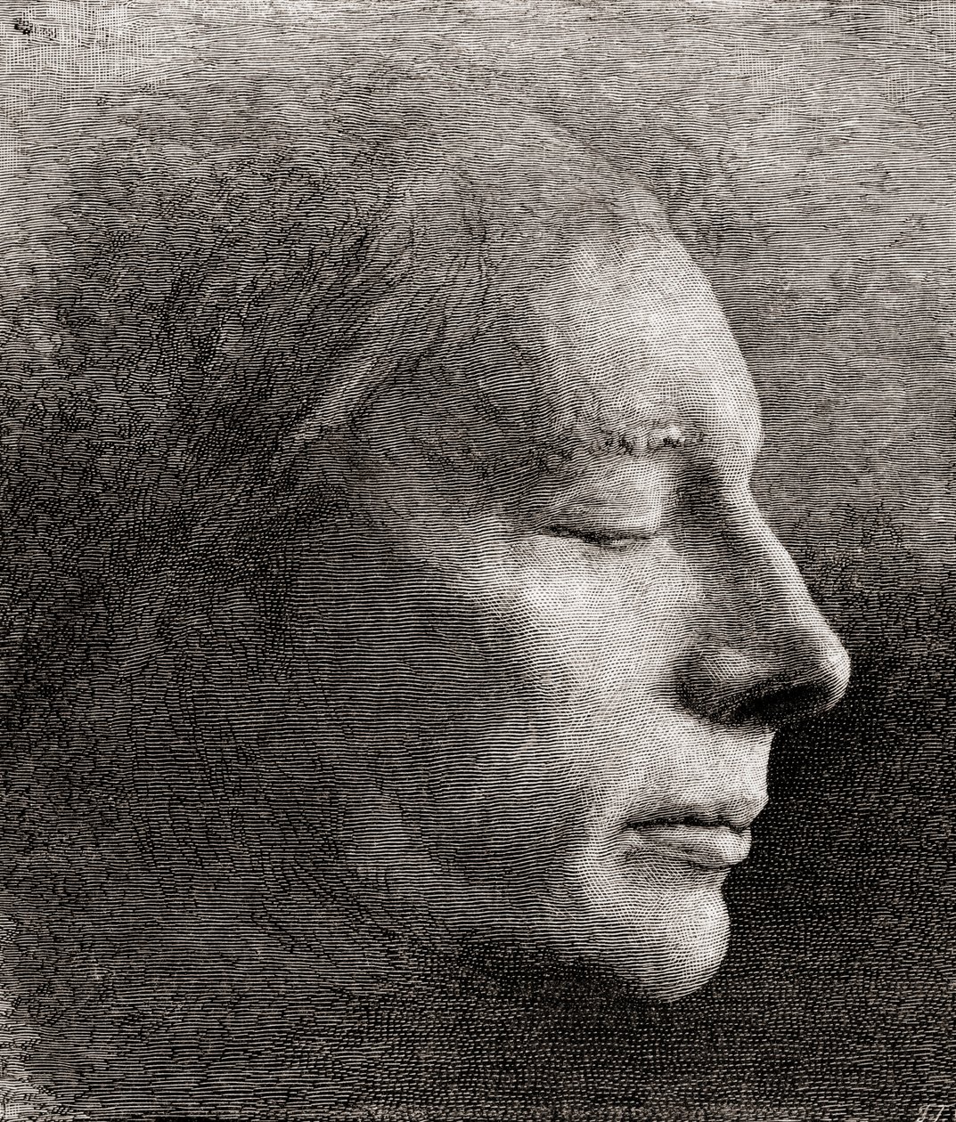 La máscara mortuoria de John Keats, de "The Century Illustrated Monthly Magazine", publicado en 1884 (grabado) de American School