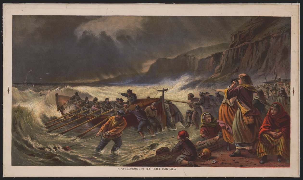La salida, botando el bote salvavidas, c.1878 (cromolitografía) de American School