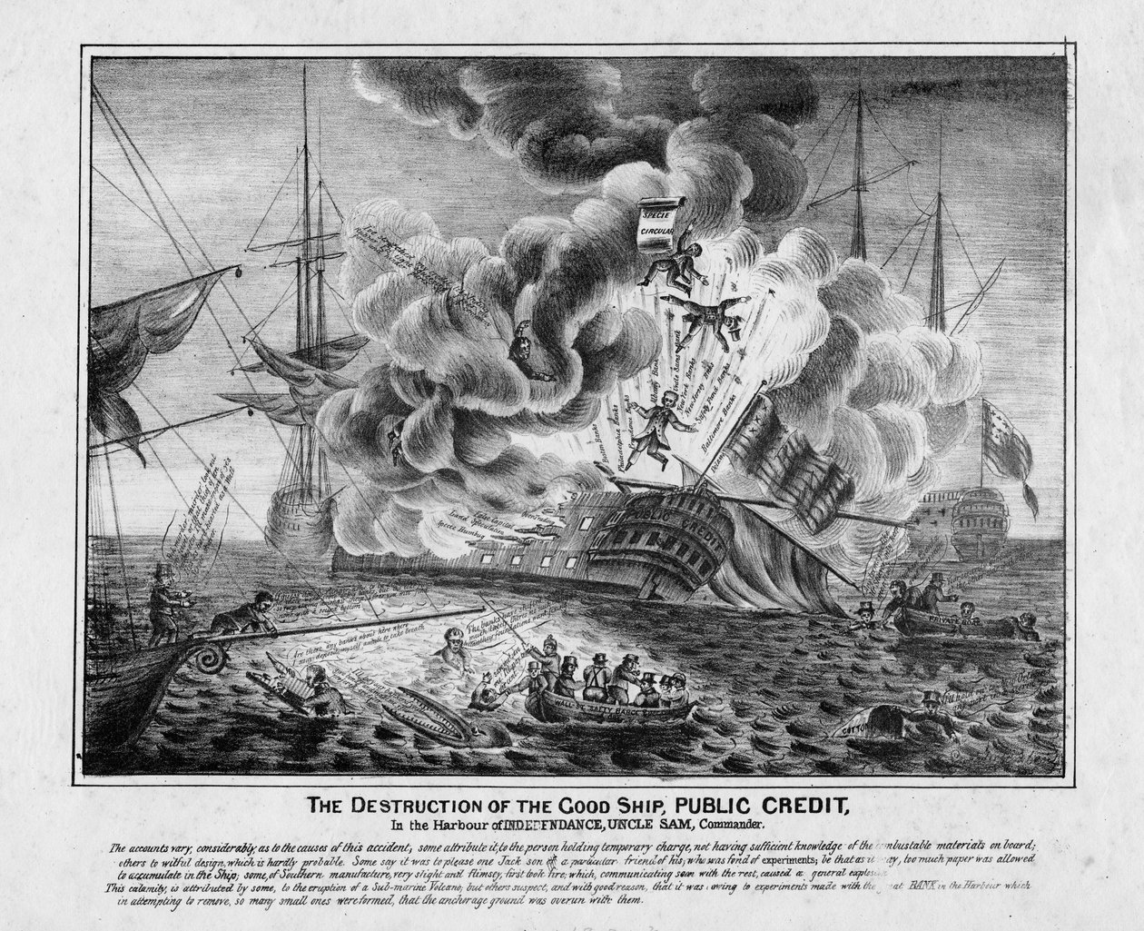 La destrucción del buen barco Crédito Público, en el puerto de la Independencia, Tío Sam, Comandante, c.1836 de American School