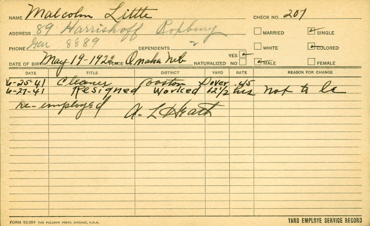 Registro de servicio del empleado Malcolm X (1925-65) de American School