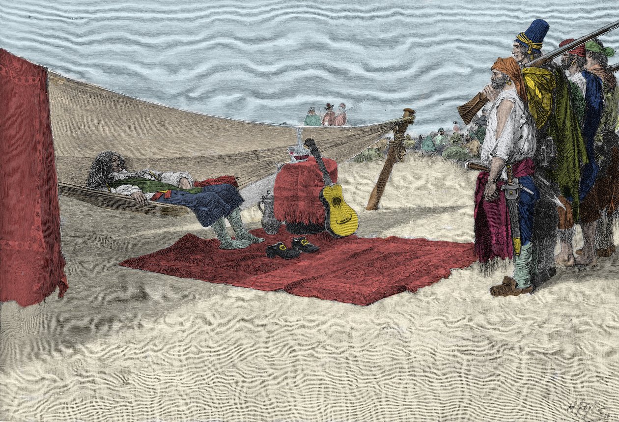 El pirata Sir Henry Morgan reclutando hombres para el ataque a Panamá alrededor de 1670. 