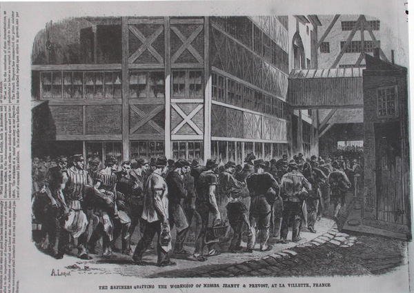 Los refinadores abandonando el taller de Messrs. Jeanty & Provost en la Villette, Francia, de Scientific American, 1870 de American School