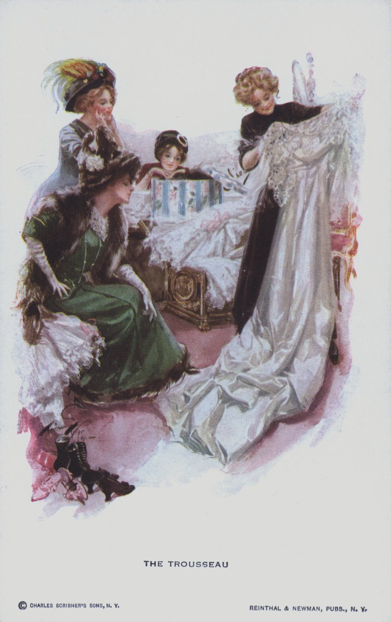 El ajuar: una futura novia mirando un vestido de novia (litografía en color) de American School