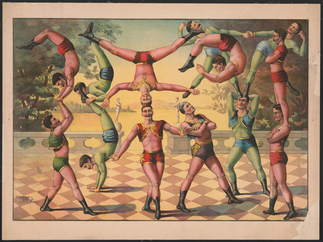 Trece hombres haciendo acrobacias, c.1891 (litografía en color) de American School