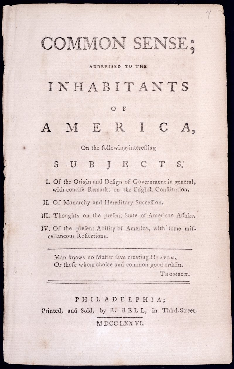 Portada de Common Sense por Thomas Paine 1776 de American School