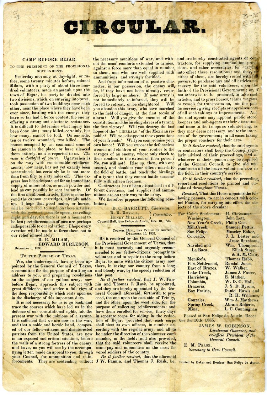 Al Pueblo de Texas sobre el asedio de la guarnición mexicana en San Antonio de Béxar, 10 de diciembre de 1835 de American School
