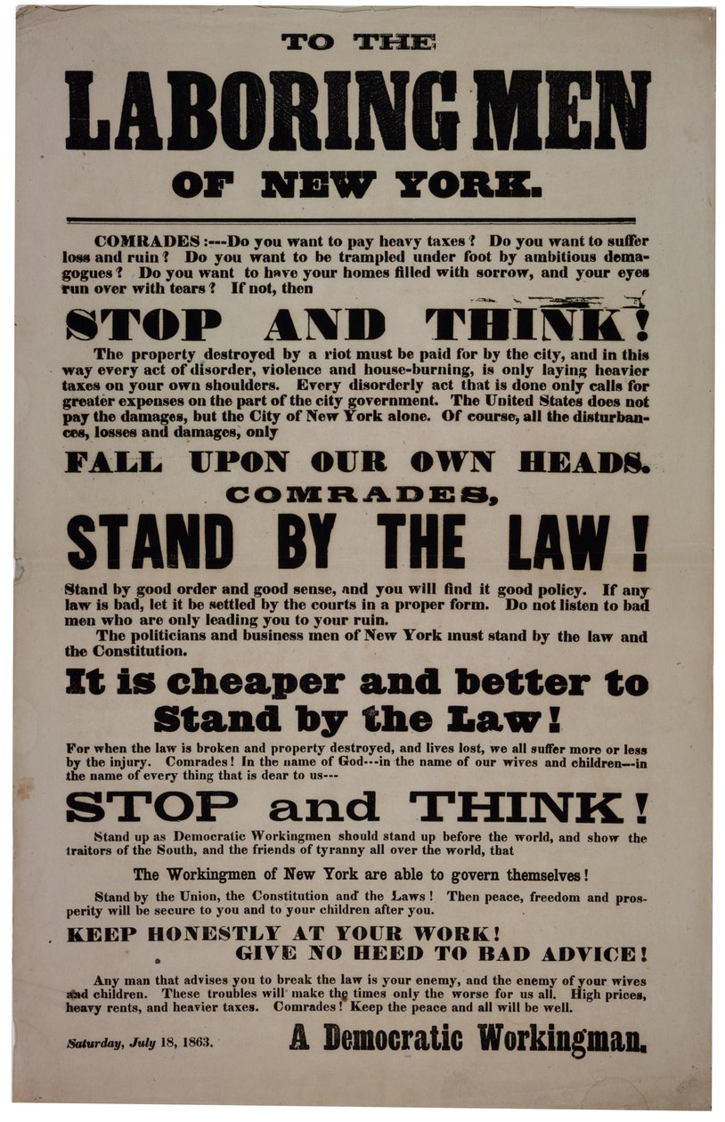 A los hombres trabajadores de Nueva York, 18 de julio de 1863 de American School