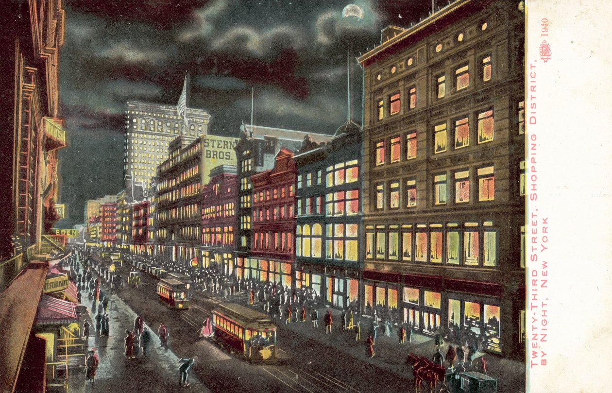 Barrio comercial de Twenty-Third Street, Nueva York, de noche (litografía en color) de American School