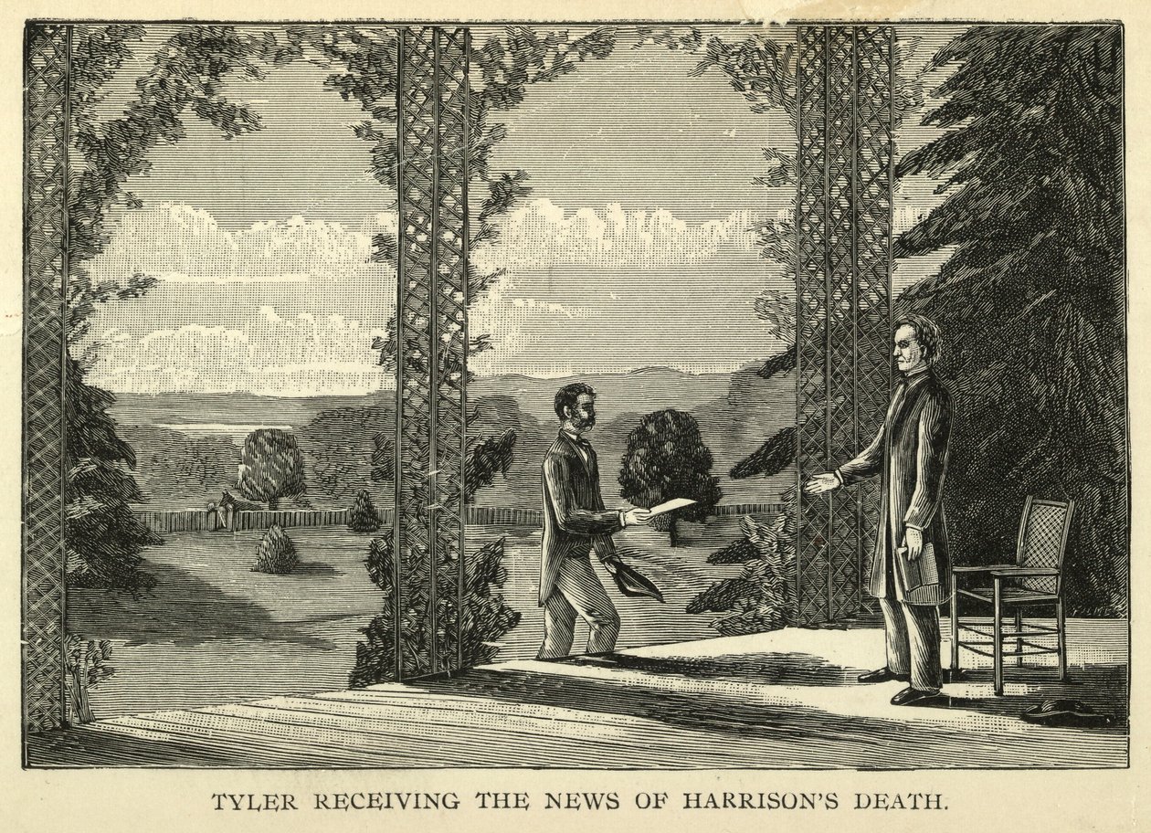 Tyler recibiendo la noticia de la muerte de Harrison, pub.1888 (grabado) de American School