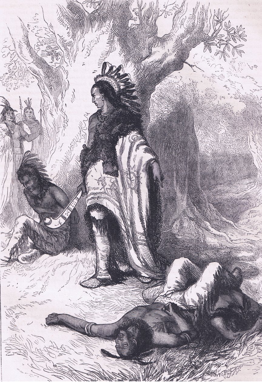 Uncas y Miantonomoh (1643), ilustración de la Historia de los Estados Unidos de Cassell, publicada por Petter & Galpin c.1890 de American School