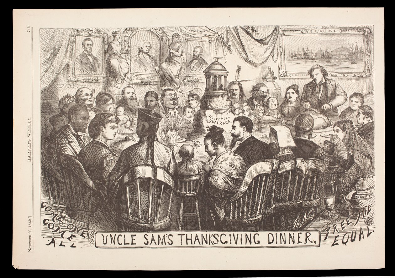 La Cena de Acción de Gracias del Tío Sam, grabado por Thomas Nast, Harper