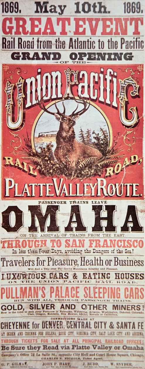 Póster del Ferrocarril Union Pacific anunciando el primer ferrocarril transcontinental a través de EE.UU. de American School