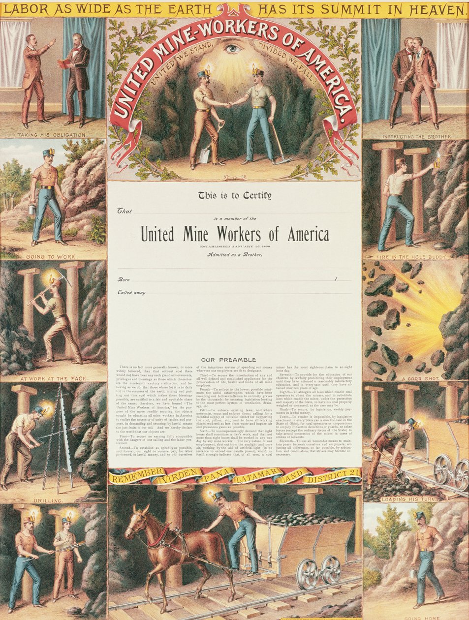 Certificado de United Mine Workers, 1890 de American School
